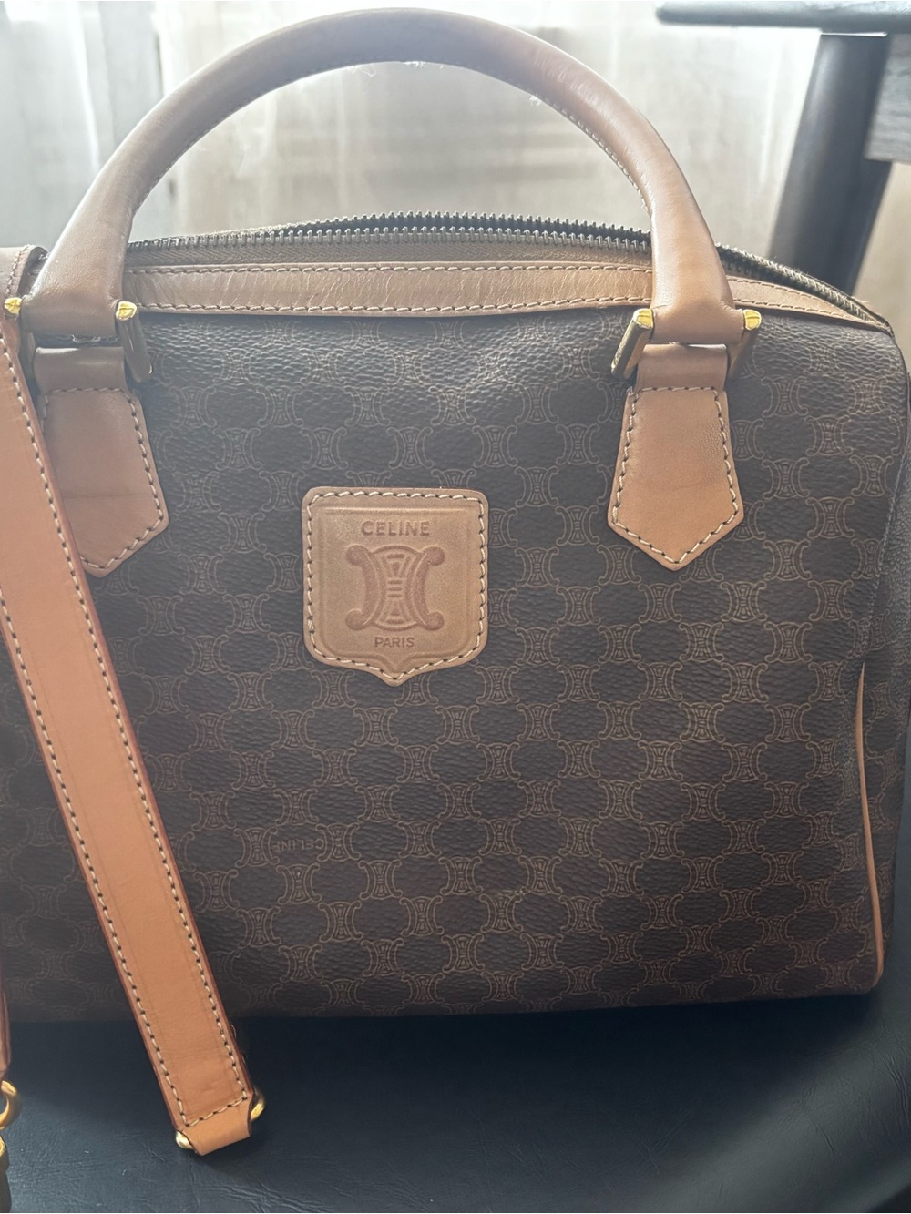 Authentic Celine Macadam Small Boston with Tan Leather Trim
